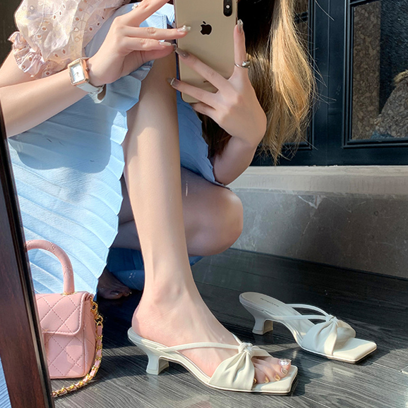 French bowknot literal square toe sandals summer outerwear women’s slippers
