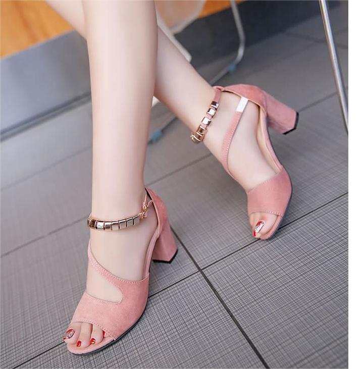 high heeled shoes women’s thick heeled Korean versatile thin fish mouth sandals women’s one button student middle heeled women’s shoes