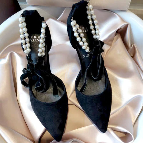 High heeled shoes women’s thin heel spring and Autumn New Pearl foot ring bandage net Red Fairy black pointed sexy sandals