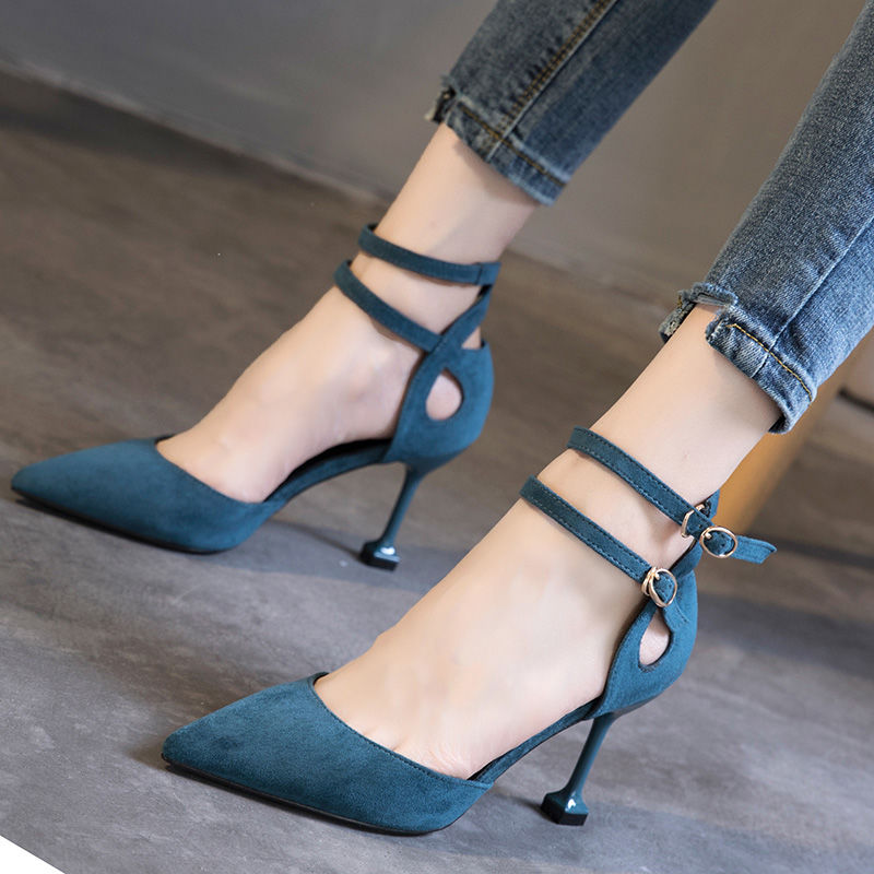 Shoes female students Korean high heeled women’s slim heels 2020 spring / Summer Black versatile pointed point button single shoe women’s shoes
