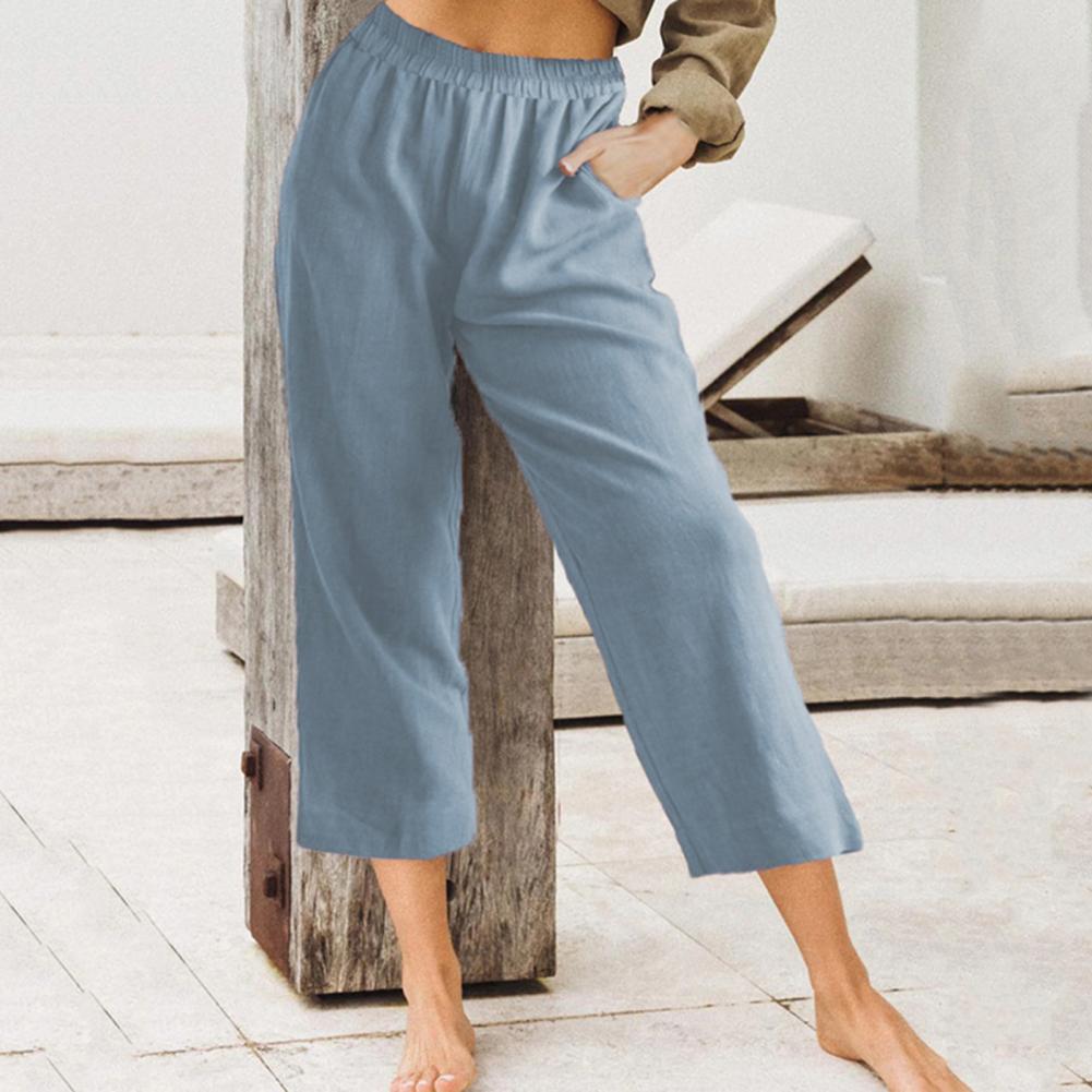 Women CottonPants Casual Loose Trousers Solid Color Pocket Harem Pants