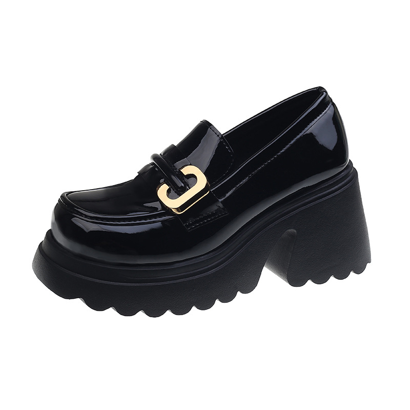 Thick-soled loafers women’s 2023 spring and autumn new British style round toe shallow mouth slip-on small leather shoes high-heeled single shoes women