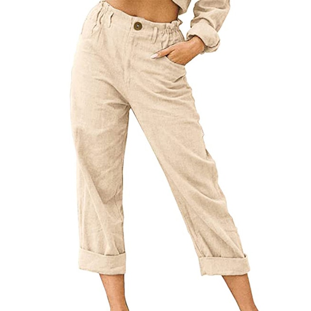 Women CottonPants Casual Loose Trousers Solid Color Pocket Harem Pants