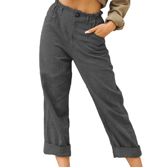 Women CottonPants Casual Loose Trousers Solid Color Pocket Harem Pants