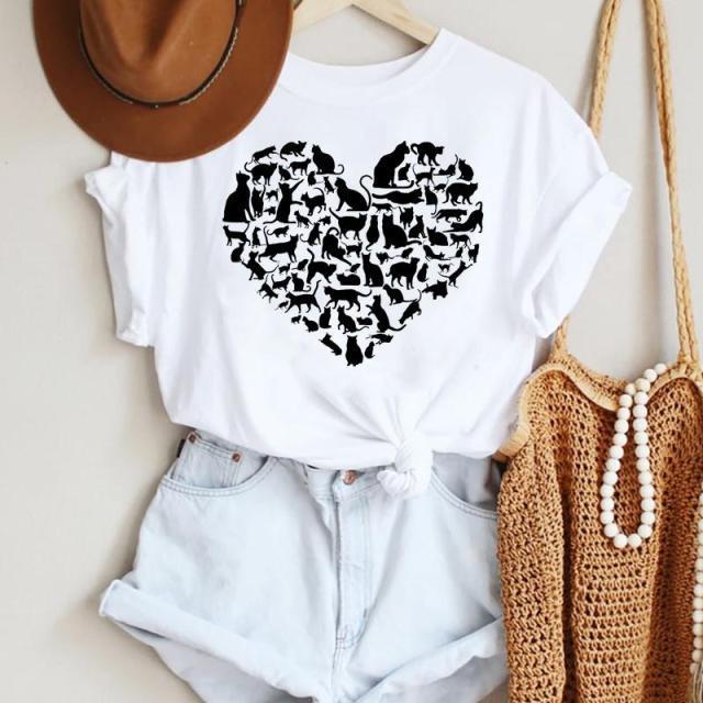 2022 Women Crew Neck White T-Shirt Cartoon