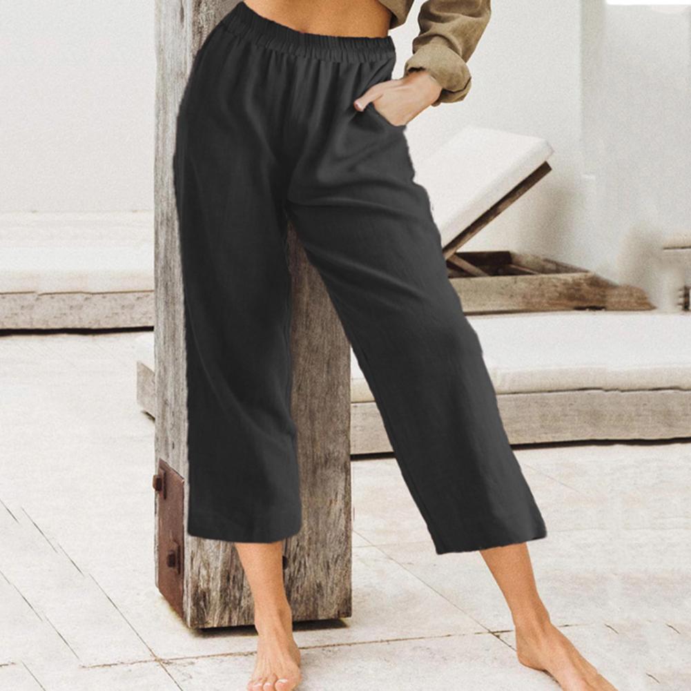 Women CottonPants Casual Loose Trousers Solid Color Pocket Harem Pants
