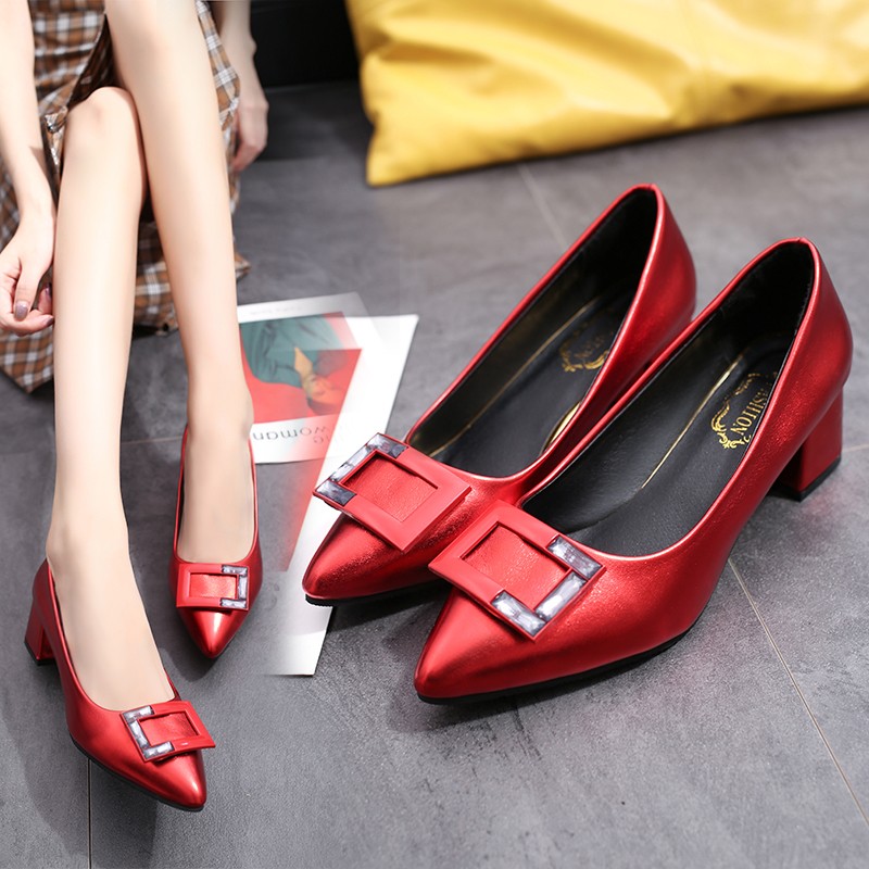 New single shoes women’s thick heel pointed women’s shoes high heels single shoes women’s work shoes wedding shoes square buttons