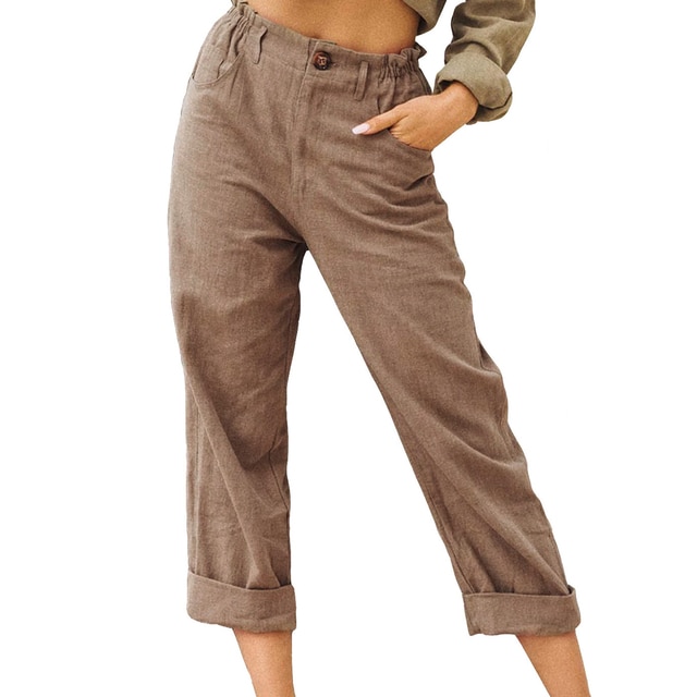 Women CottonPants Casual Loose Trousers Solid Color Pocket Harem Pants