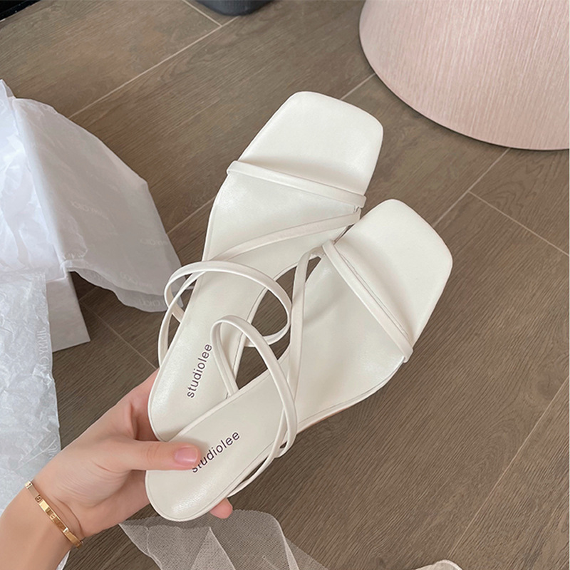 High heels square toe open toe stiletto outerwear slippers