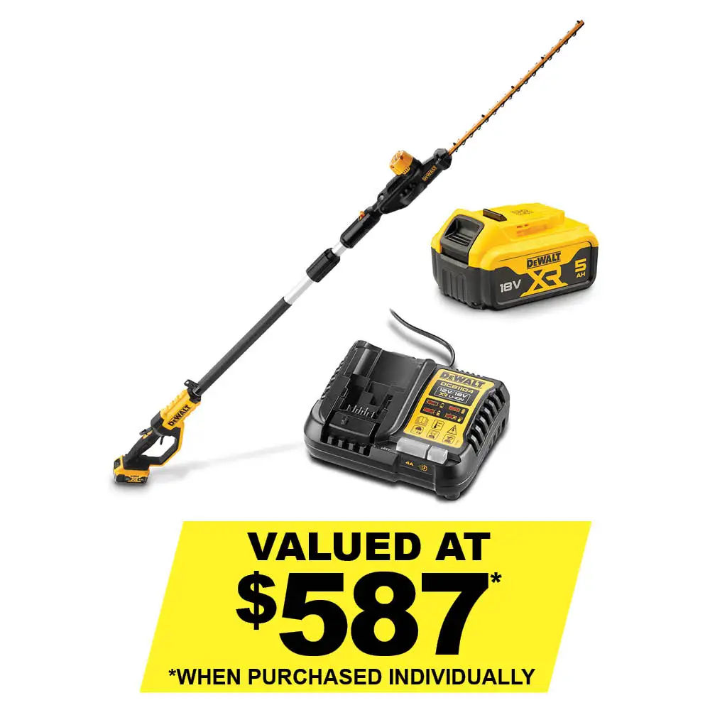 DEWALT 18V XR Brushless 55cm (22") 1x5Ah Pole Hedge Trimmer Kit DCMPH566P1-XE
