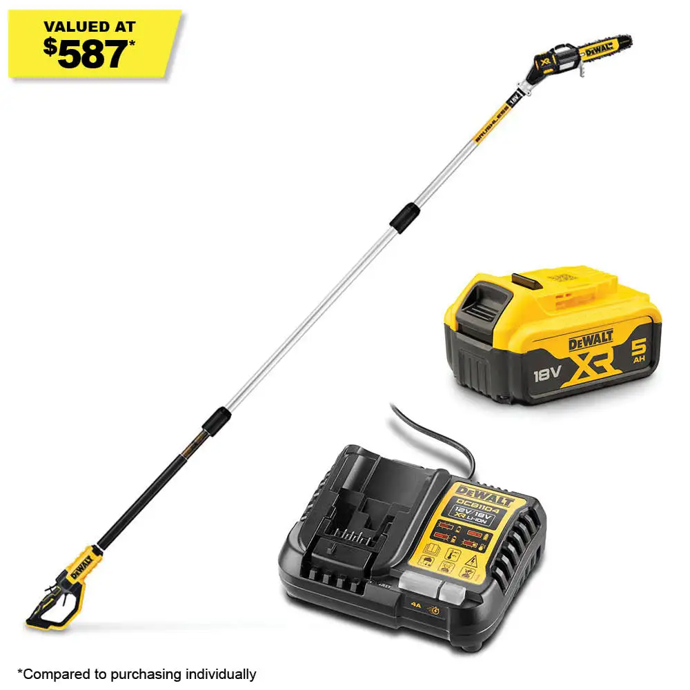 DEWALT 18V XR Brushless 20cm (8") 1x5Ah Pole Saw Trimmer Kit DCMPS567P1-XE