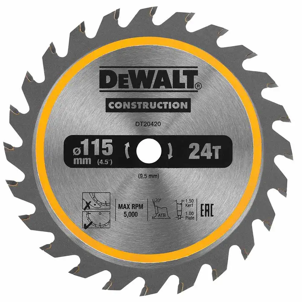 DEWALT 115 x 9.5mm 24T TCT Circular Saw Blade For Wood Construction DT20420-QZ