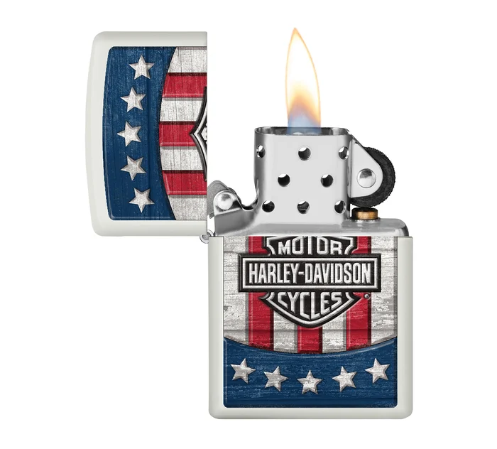 Harley Davidson Star & Stripes Color Image White Matte Windproof Lighter