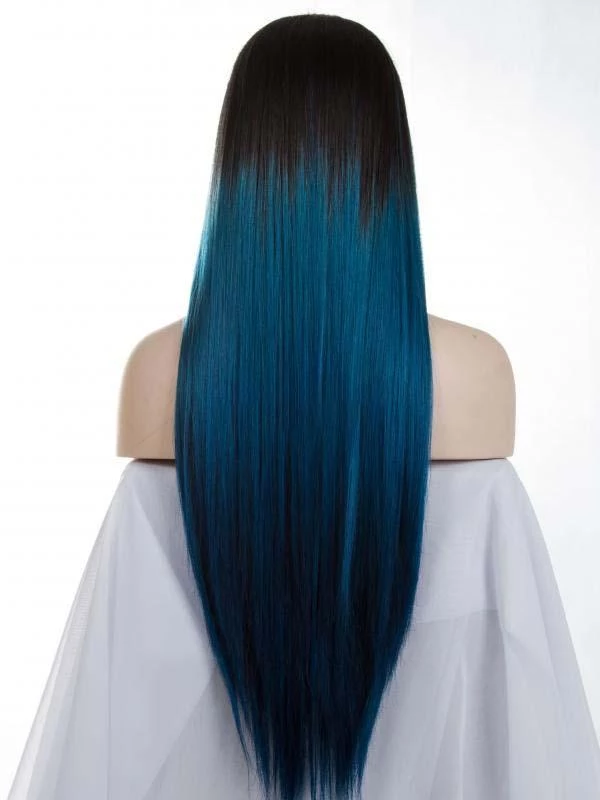 Black Ombre Blue Long Front Wig