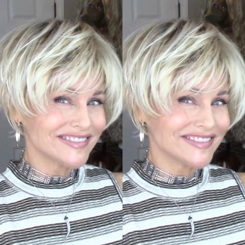 Popular White Gold Mixed Short Wig (Hair Root Black)