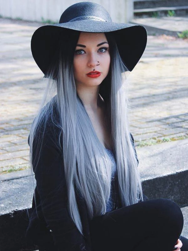 Black To Gray Straight Front Wig