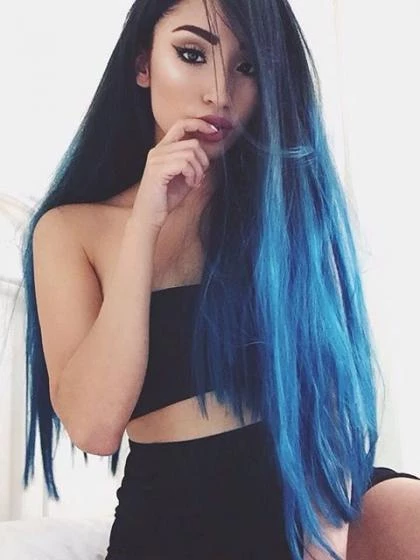 Black Ombre Blue Long Front Wig