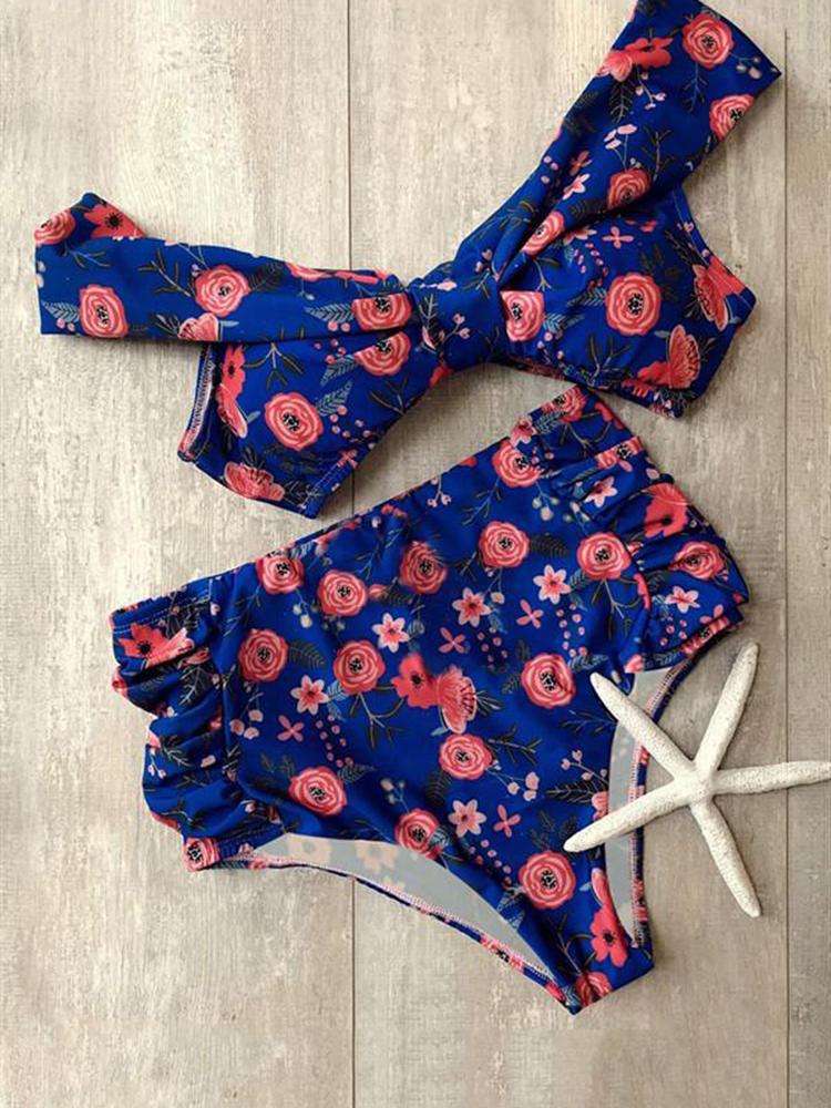 Retro High Waist Off Shoulder Floral Sexy Bikini Set
