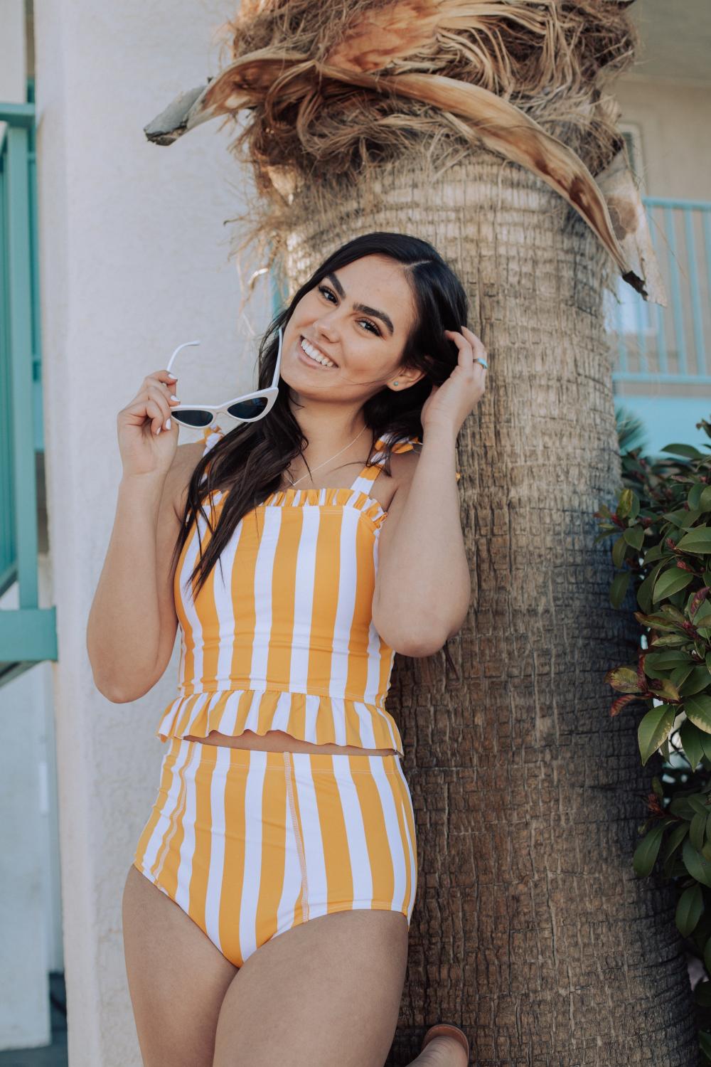 Ruffle Yellow & White Stripes Bikini Sets