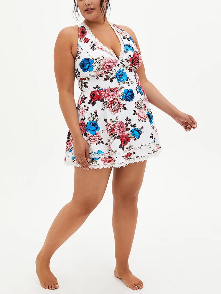 FLORAL V-NECK LACE TRIM SWIM DRESS