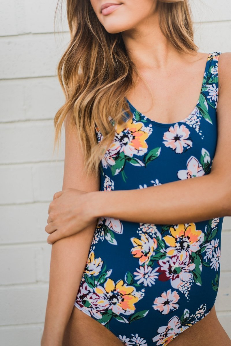Blue Floral Print Tide One-Piece Swimsuits