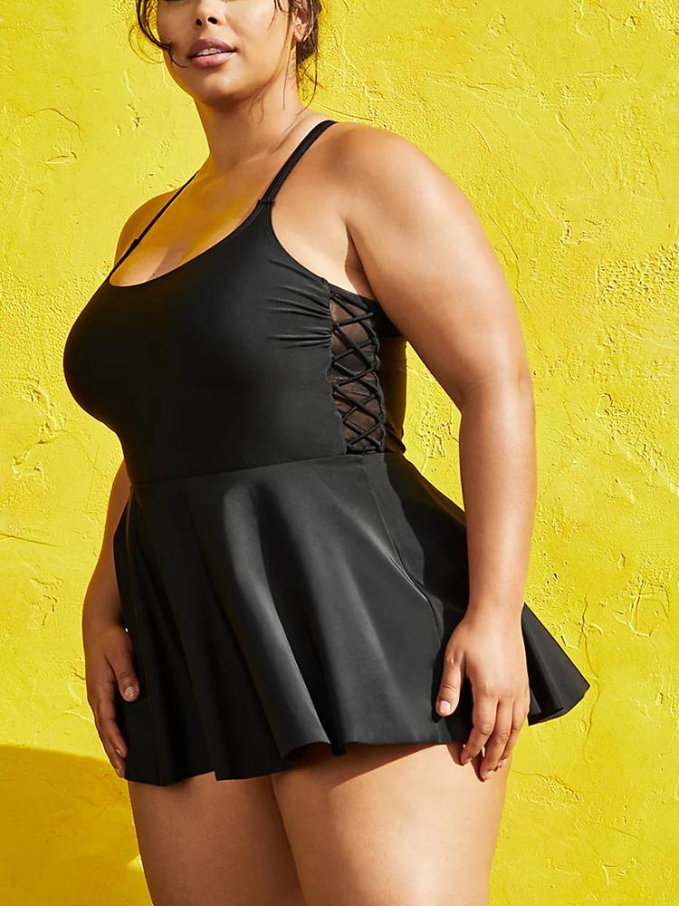 BLACK SIDE TIE SWIM DRESS