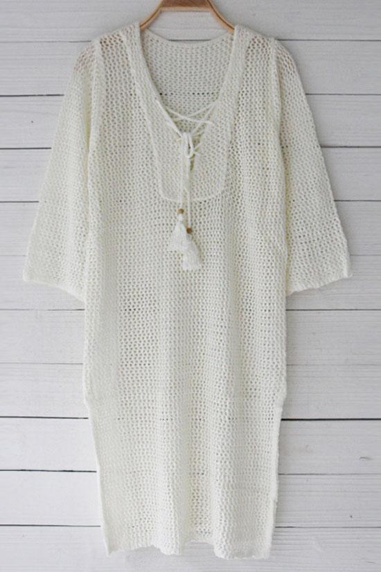 Breezy Lace Up Openwork Crochet Tunic Long Sleeves Cover Up