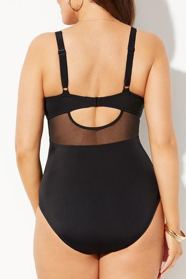 BLACK CUT OUT MESH UNDERWIRE ONE PIECE SWIMSUIT