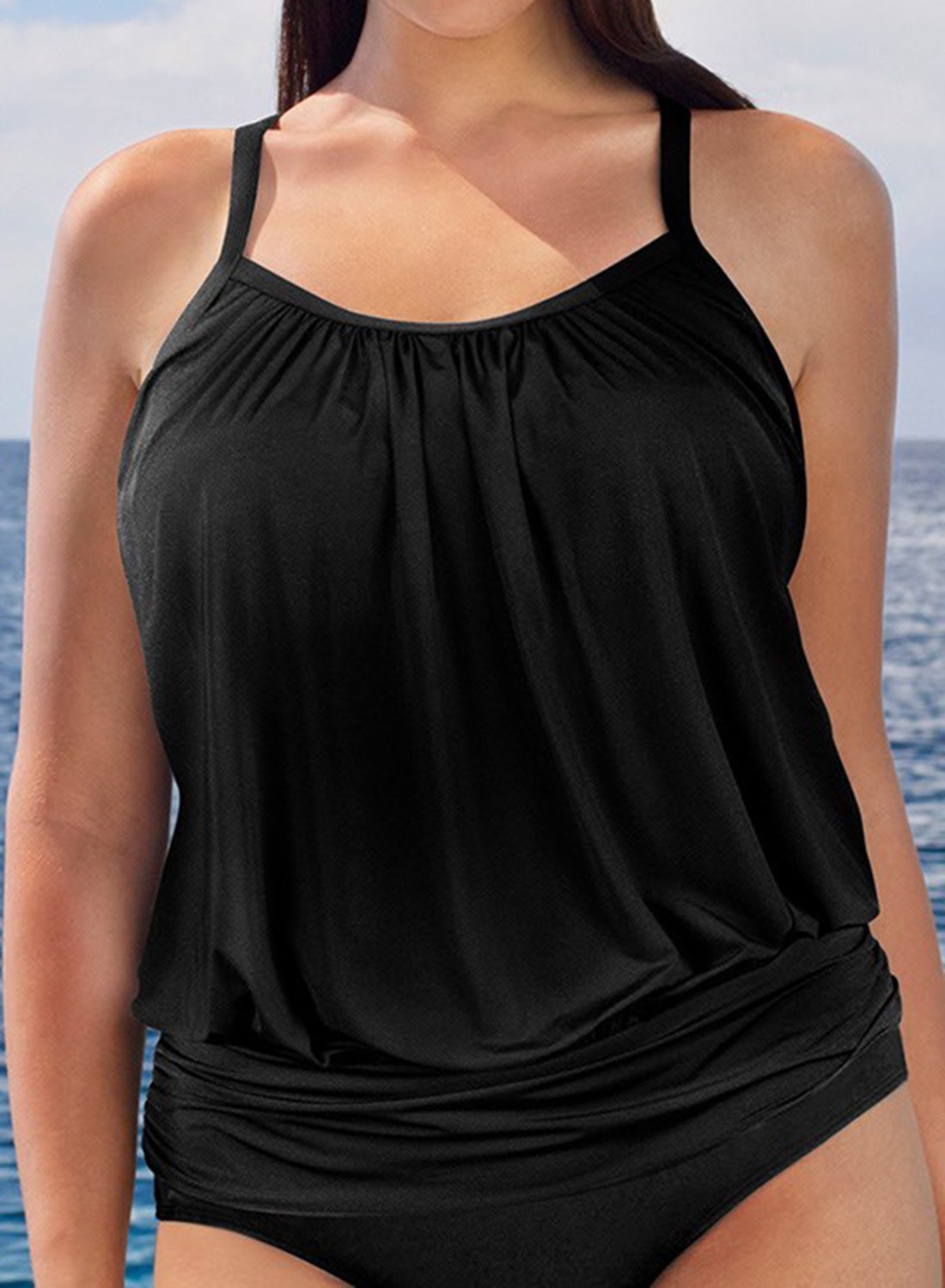BLACK LIGHTWEIGHT BLOUSON TANKINI TOP