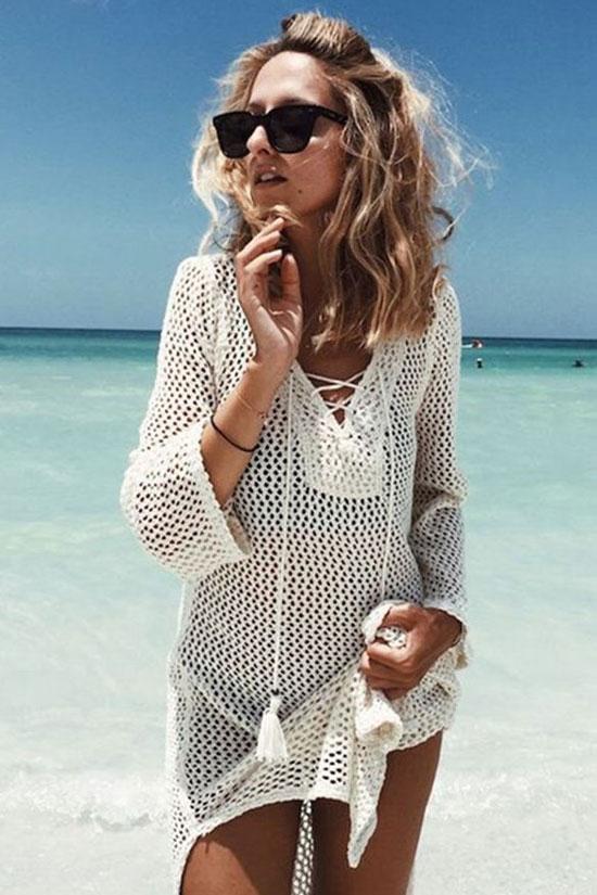 Breezy Lace Up Openwork Crochet Tunic Long Sleeves Cover Up