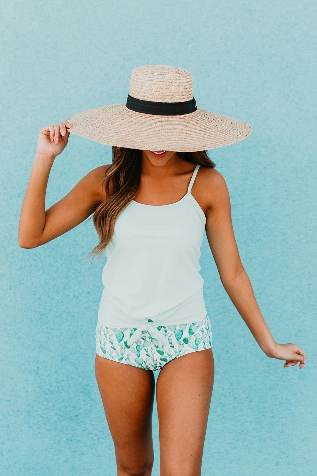 TIE FRONT BLOUSON TANKINI IN AQUA