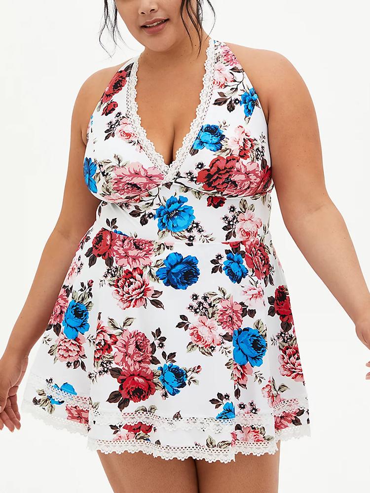 FLORAL V-NECK LACE TRIM SWIM DRESS