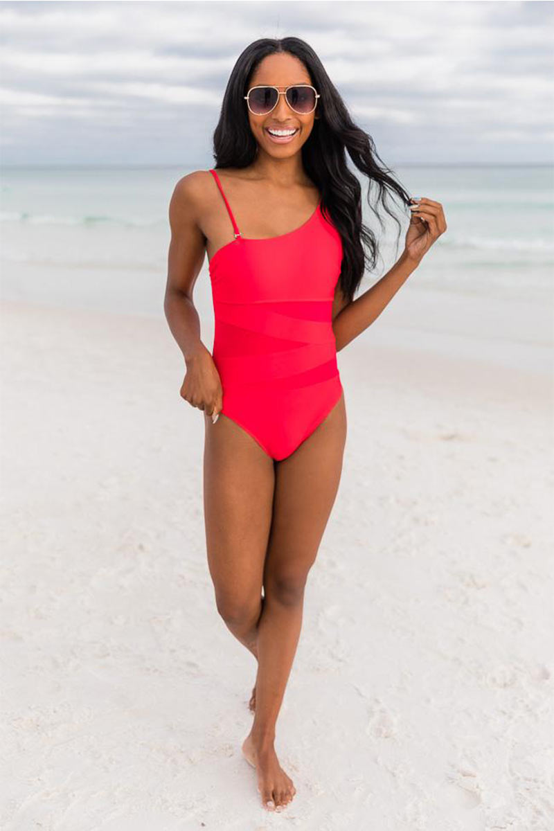 MEET ME AT WAIKIKI RED ONE SHOULDER SWIMSUIT