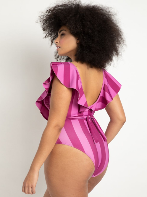 Plus Size Stripe Ruffles V-Neck Tie Back One Piece Swimsuits