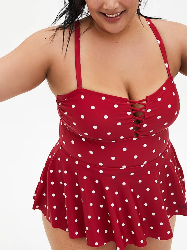 DISNEY MINNIE MOUSE RED RETRO LATTICE-FRONT PEPLUM ONE-PIECE SWIMSUIT