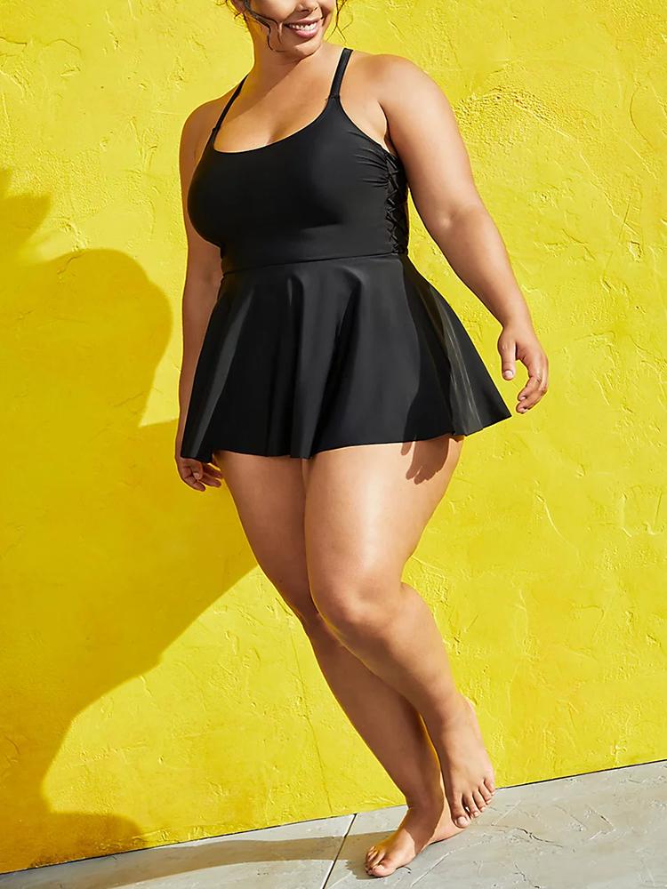 BLACK SIDE TIE SWIM DRESS