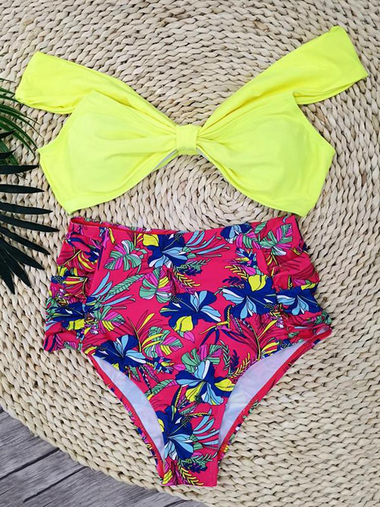 Retro High Waist Off Shoulder Floral Sexy Bikini Set