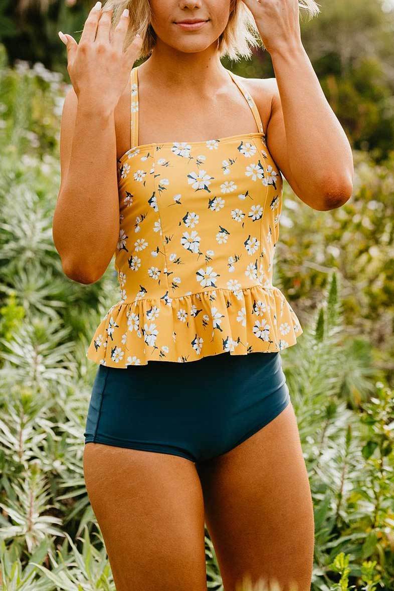 PEPLUM TANKINI TOP IN MUSTARD DAISY