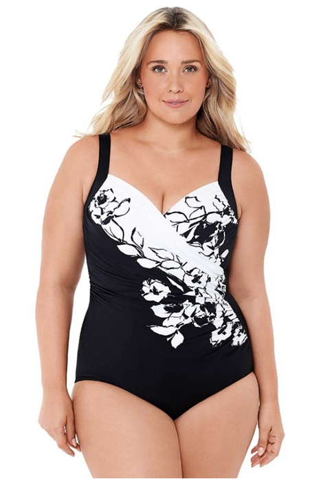 Plus Size Black & White Floral Straps One Piece Swimsuits