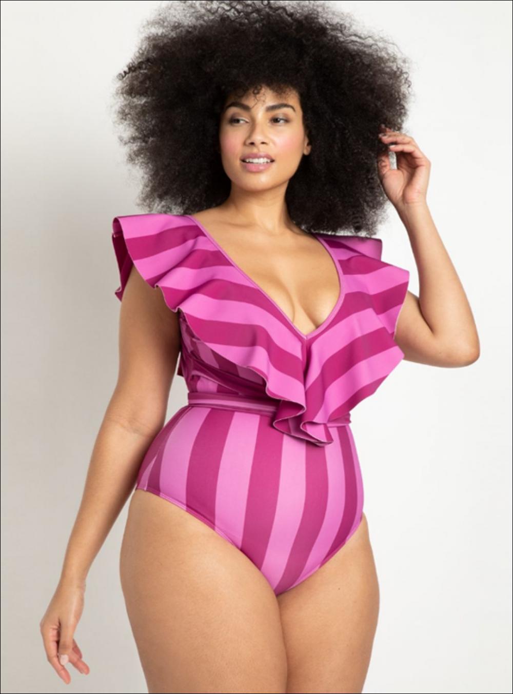 Plus Size Stripe Ruffles V-Neck Tie Back One Piece Swimsuits
