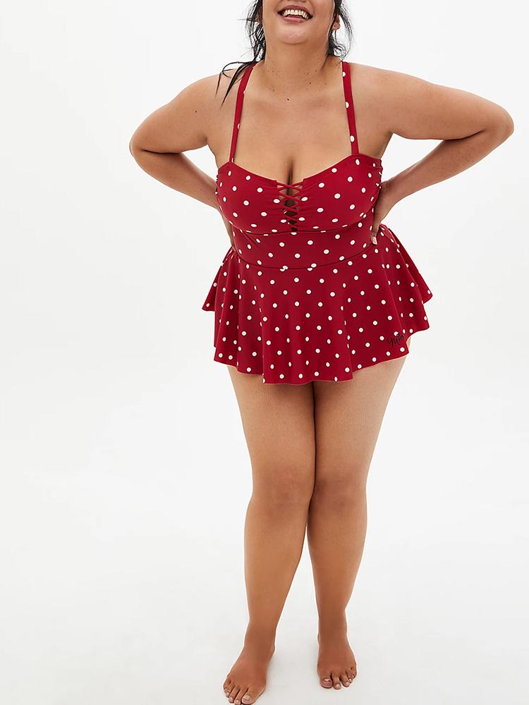 DISNEY MINNIE MOUSE RED RETRO LATTICE-FRONT PEPLUM ONE-PIECE SWIMSUIT