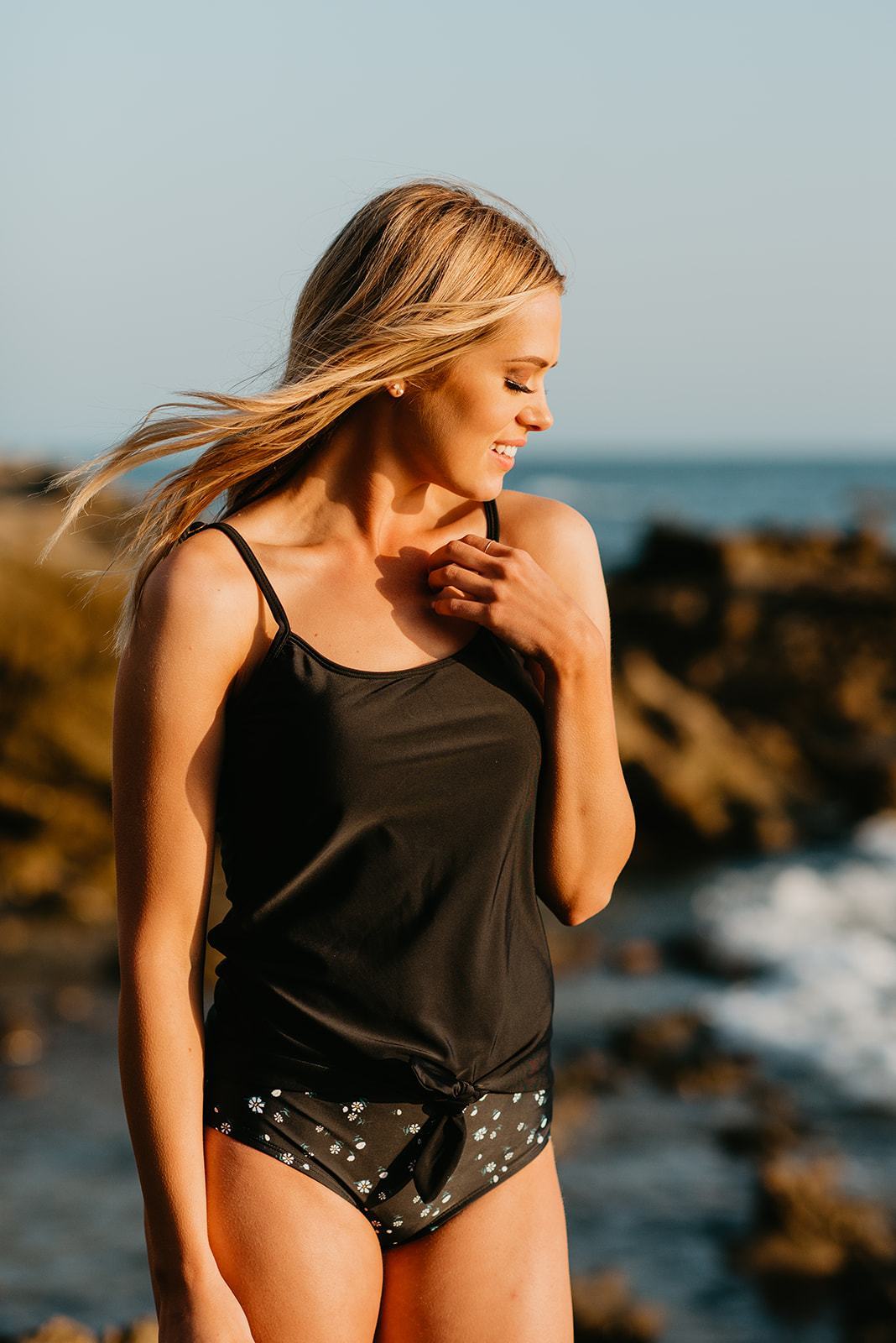 TIE FRONT BLOUSON TANKINI IN BLACK