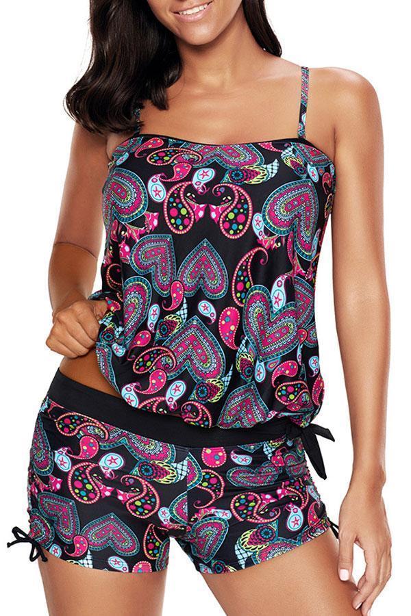 Plus Size Paisley Print Drawstring Side Tankini Set