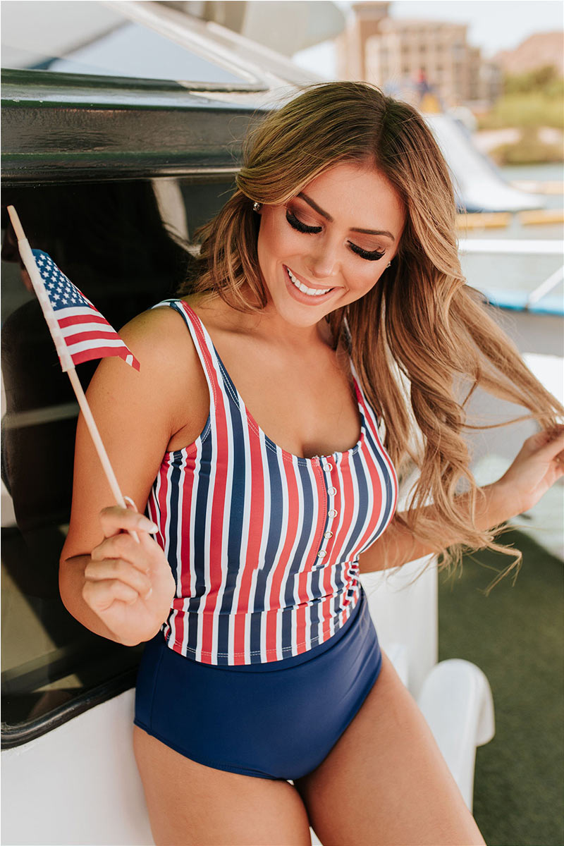 BUTTON FRONT MIDKINI SWIM SET IN AMERICANA STRIPE