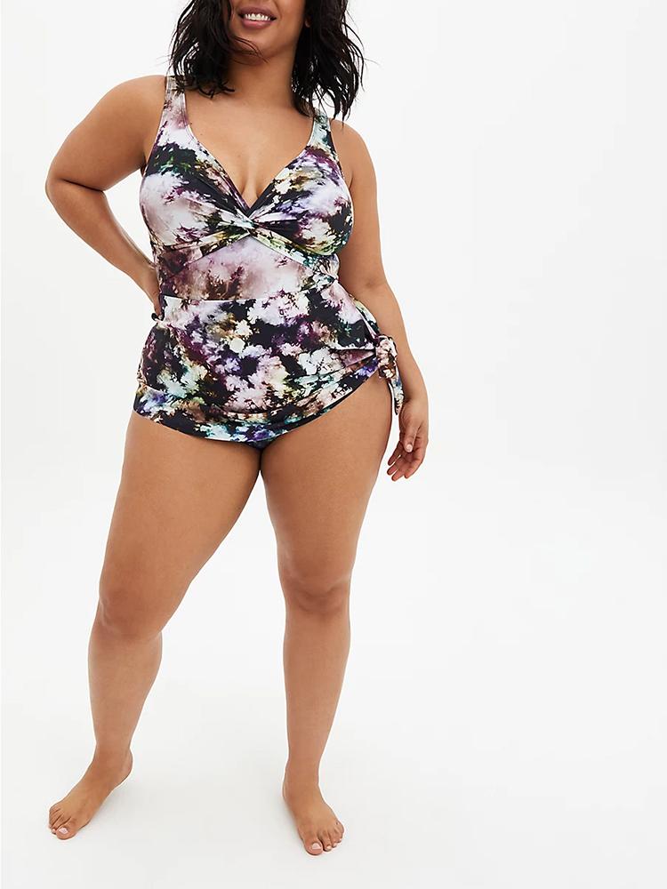 BLACK TIE-DYE ASYMMETRICAL TIE SWIM DRESS