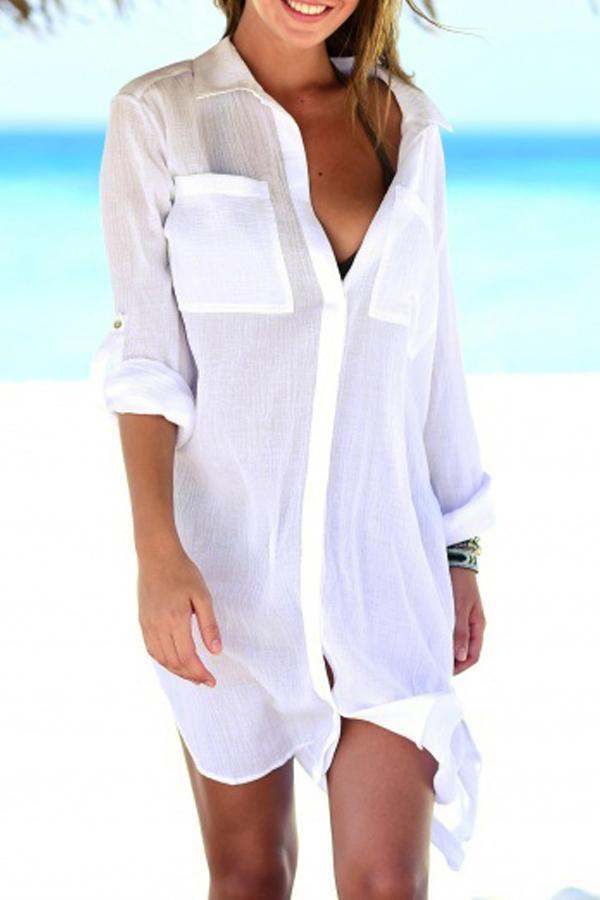 Sunnyace White Roll Up Sleeves Cover Up
