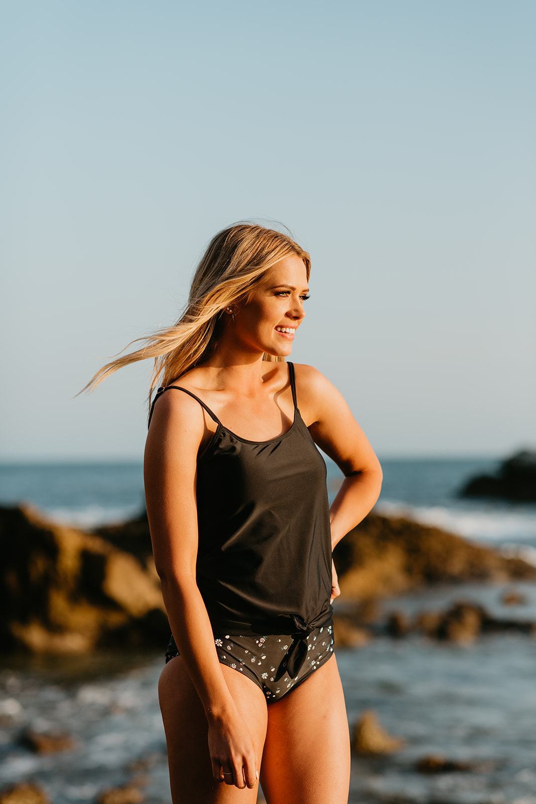 TIE FRONT BLOUSON TANKINI IN BLACK