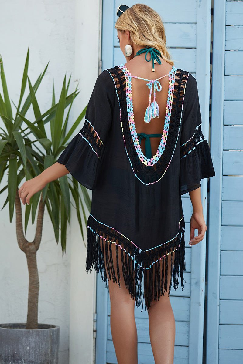 Black Crochet Sexy V Neck Beach Cover Ups