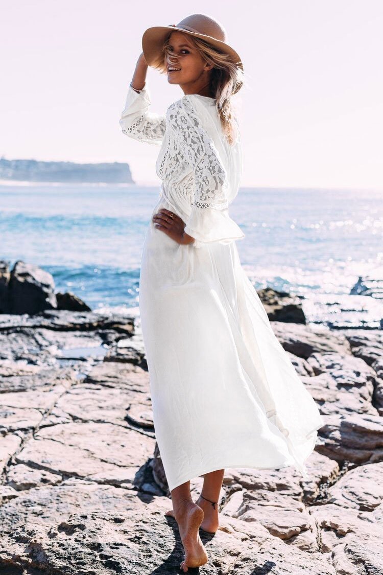 Flowy Deep V Drawstring Empire Waist Maxi Cover Up