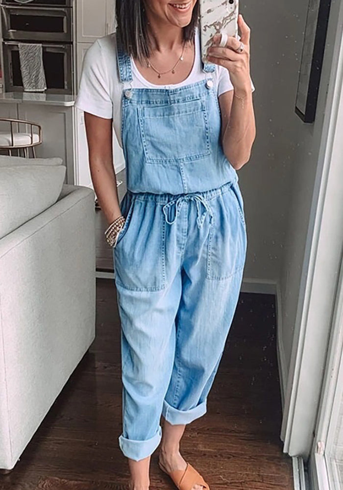 casual drawstring denim overalls